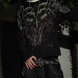 Y2K New Vintage Gothic Skull Wing Printed Long Sleeve Street Trend Pure Cotton Top Men Hip Hop Gothic Harajuku Oversize T-shirt